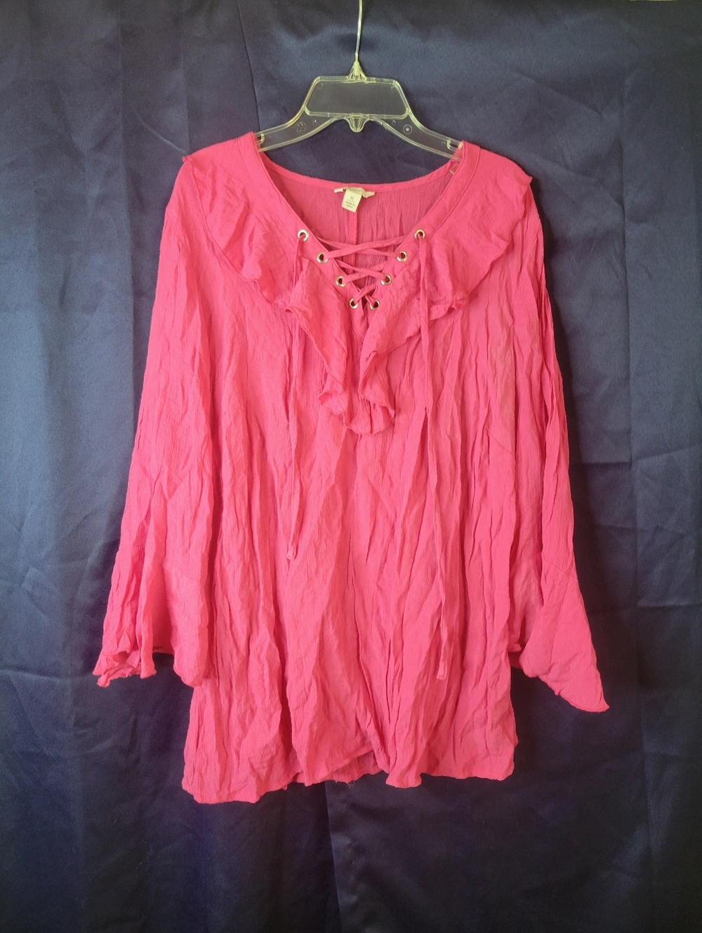 Women's Fuchsia Lace-Up Ruffle Blouse